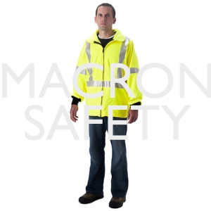 Fluorescent lime yellow waist length jacket, elastic waist, zipper front, Nomex knit cuffs, fall protection access, side PT2501JFY openings with zipper closure, 2 pockets, 3M 9720 Scotchlite around sleeves, waist, harness on front, X on back, attachment p