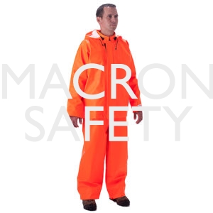 Fluorescent orange bib style trouser with snap fly front, self 4001TFO material suspenders with quick release buckles.